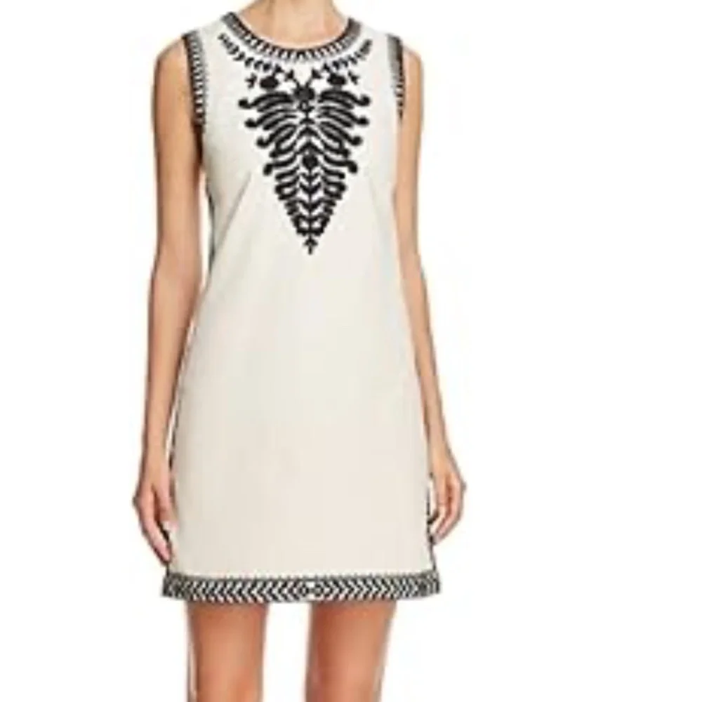 Tory Burch Ivory Sleeveless Shift Dress with Black Embroidered Trim